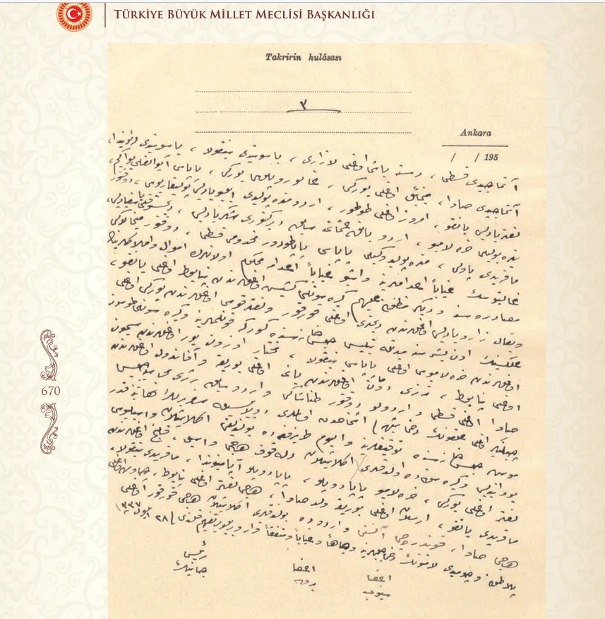 Amasya İstiklal Mahkemesi 28 Eylül 1921 kararının özgün Osmanlıca sayfası 670