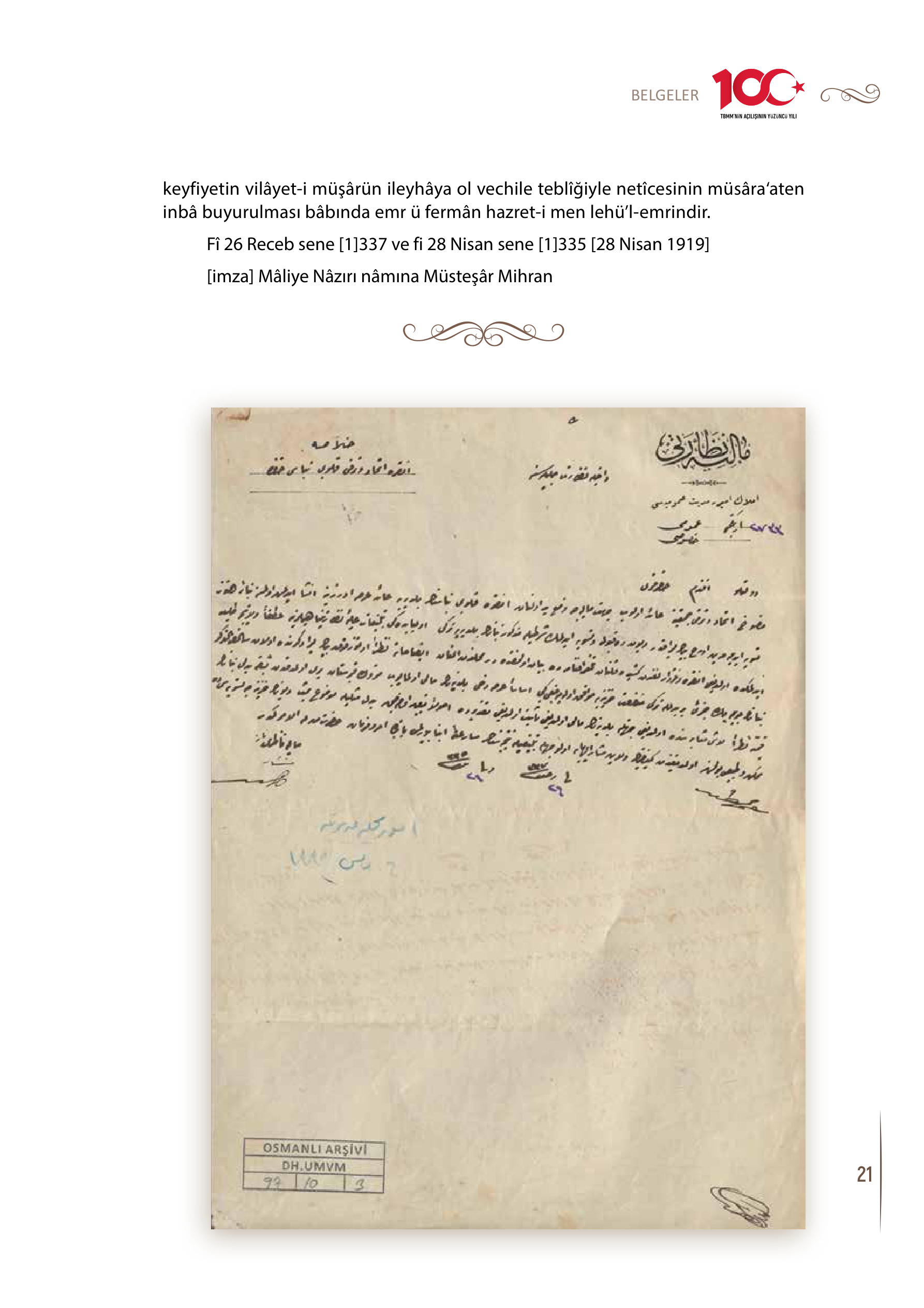 Belge 1 — 28 Nisan 1919. BOA, DH.UMVM 97/10-3. Maliye Nezareti Müsteşarı Mihran Efendi’nin yazısında a